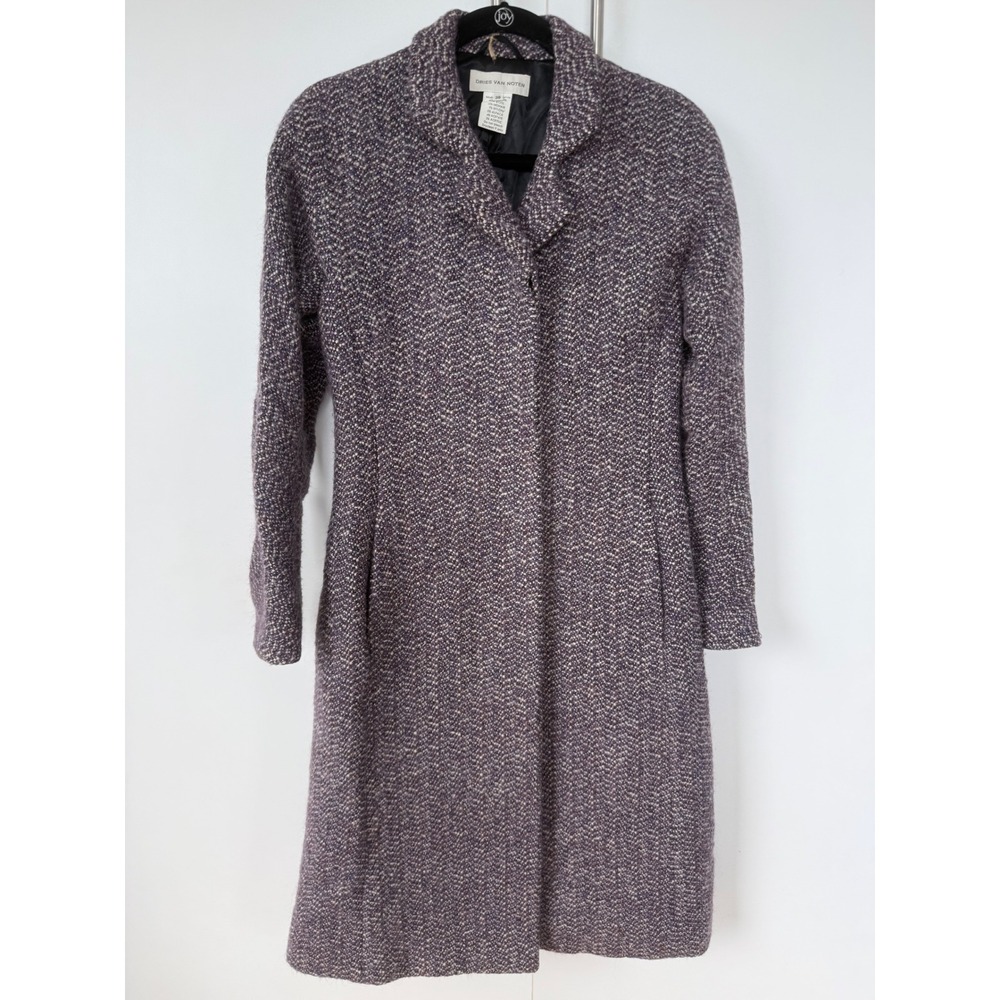 Dries Van Noten Wool Mohair Tweed Coat Purple Blue Textured Mid Length Size 38